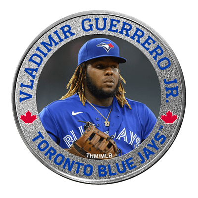 A picture of a 1 oz Toronto Blue Jays Silver Colorized Round- Vladimir Guerrero Jr.